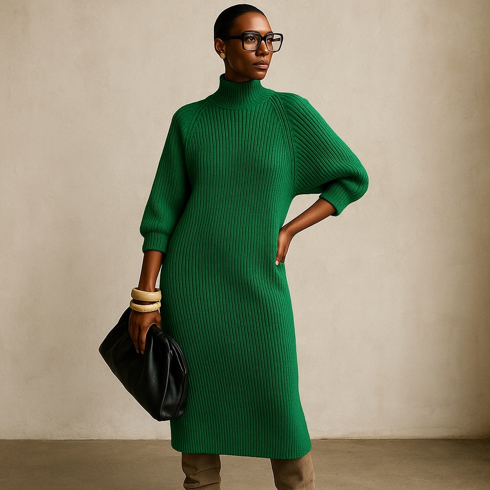 Vintage Green Ribbed Knit Sweater Dress